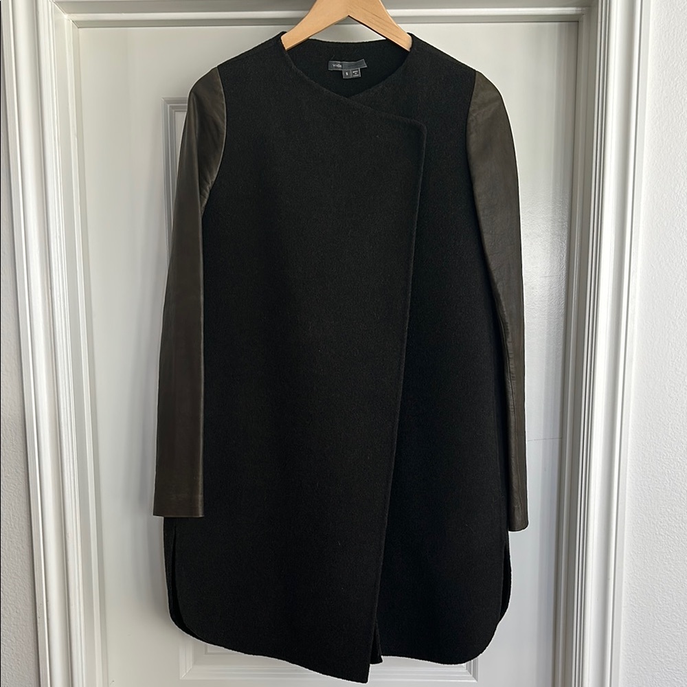 Vince Olive Green Asymmetrical Wool Wrap with leather Long Sleeve Jacket